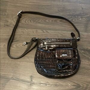 Vintage Brighton Brown Croc-Embossed Patent Leather Crossbody Bag